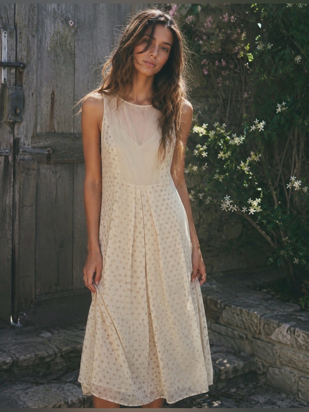 Rebecca Taylor Cream Polka-Dot Midi Dress